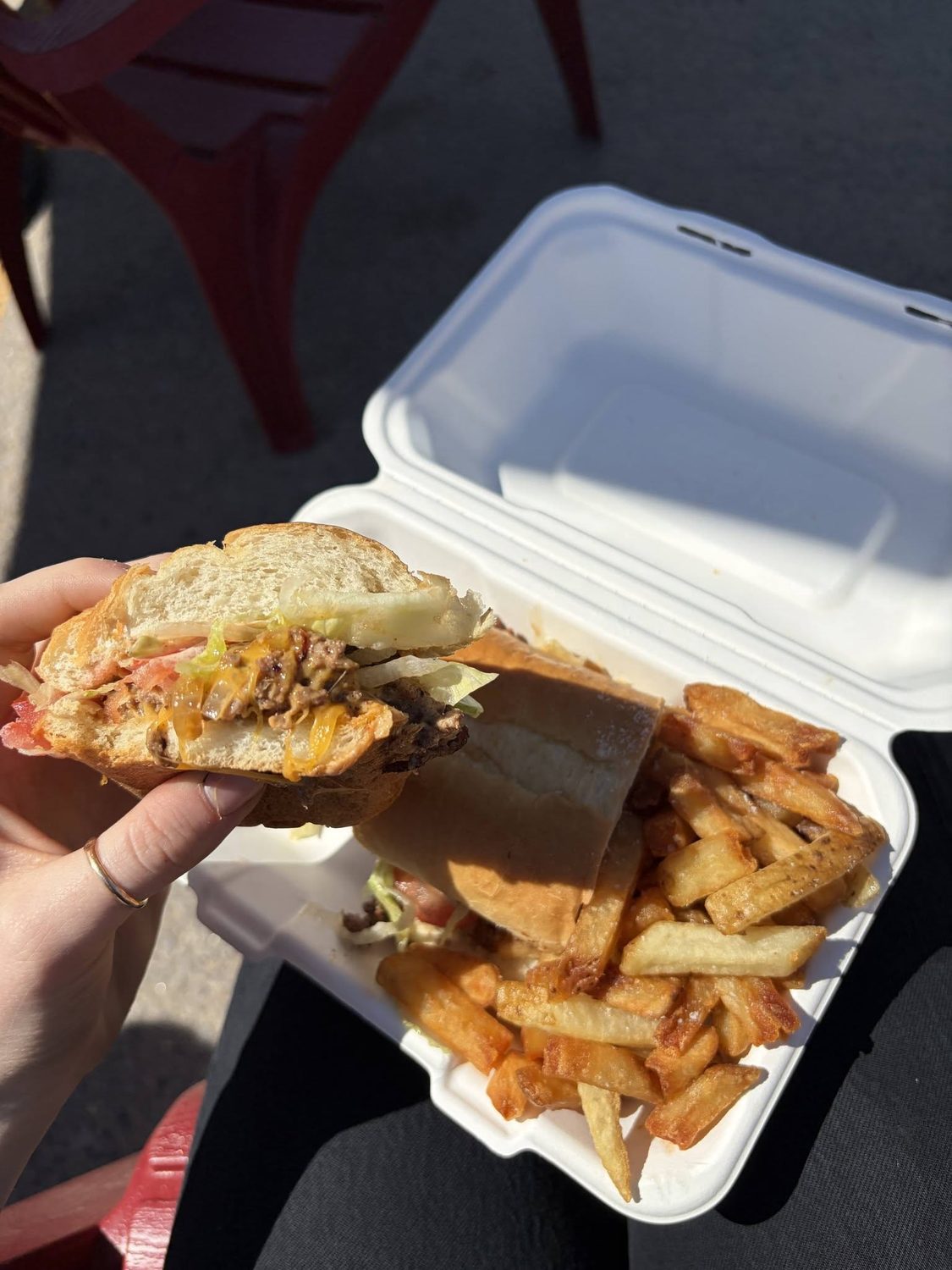 Chop cheese sandwich and fries in a takeout container